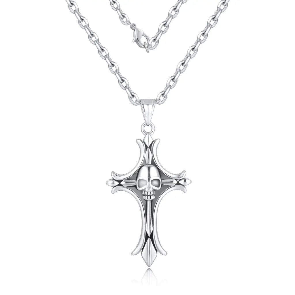 Premium 925 Sterling Silver Gothic Skull Cross Pendant Necklace - Edgy Artisan Statement Jewelry（DJ01N0215）