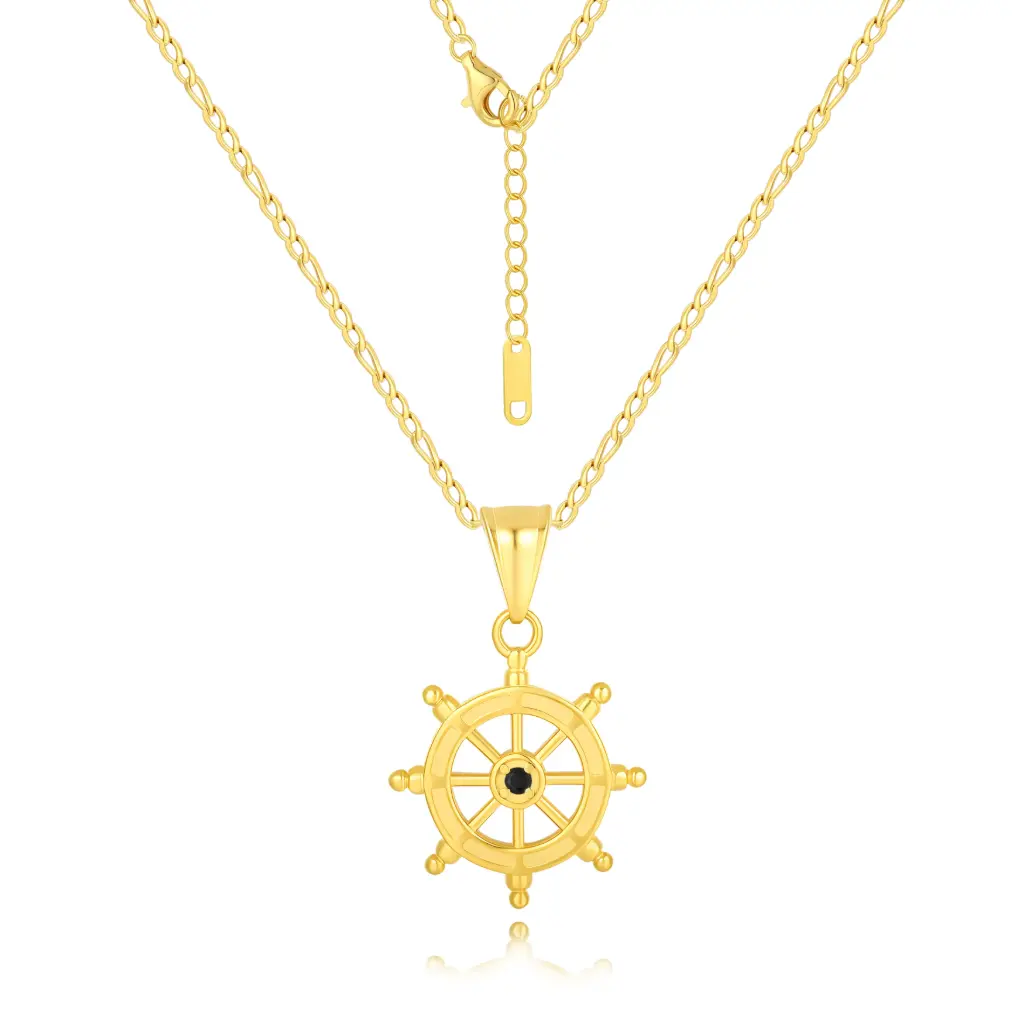Premium Nautical Ship Wheel Pendant Necklace – Gold-Plated Maritime Statement Jewelry（DJ01N0238）