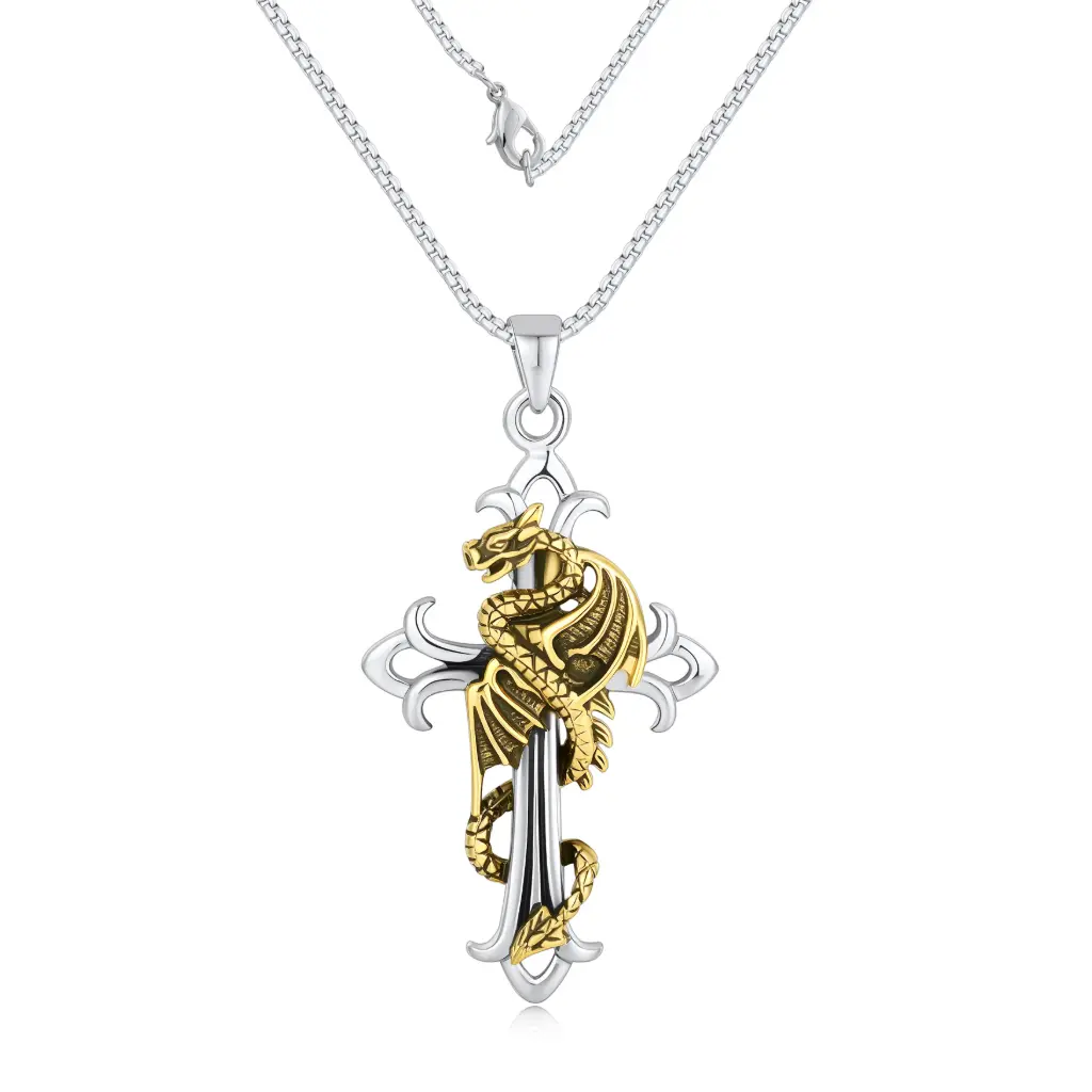 Premium Two-Tone Dragon Cross Pendant – Symbolic B2B Statement Jewelry（DJ01N0261）