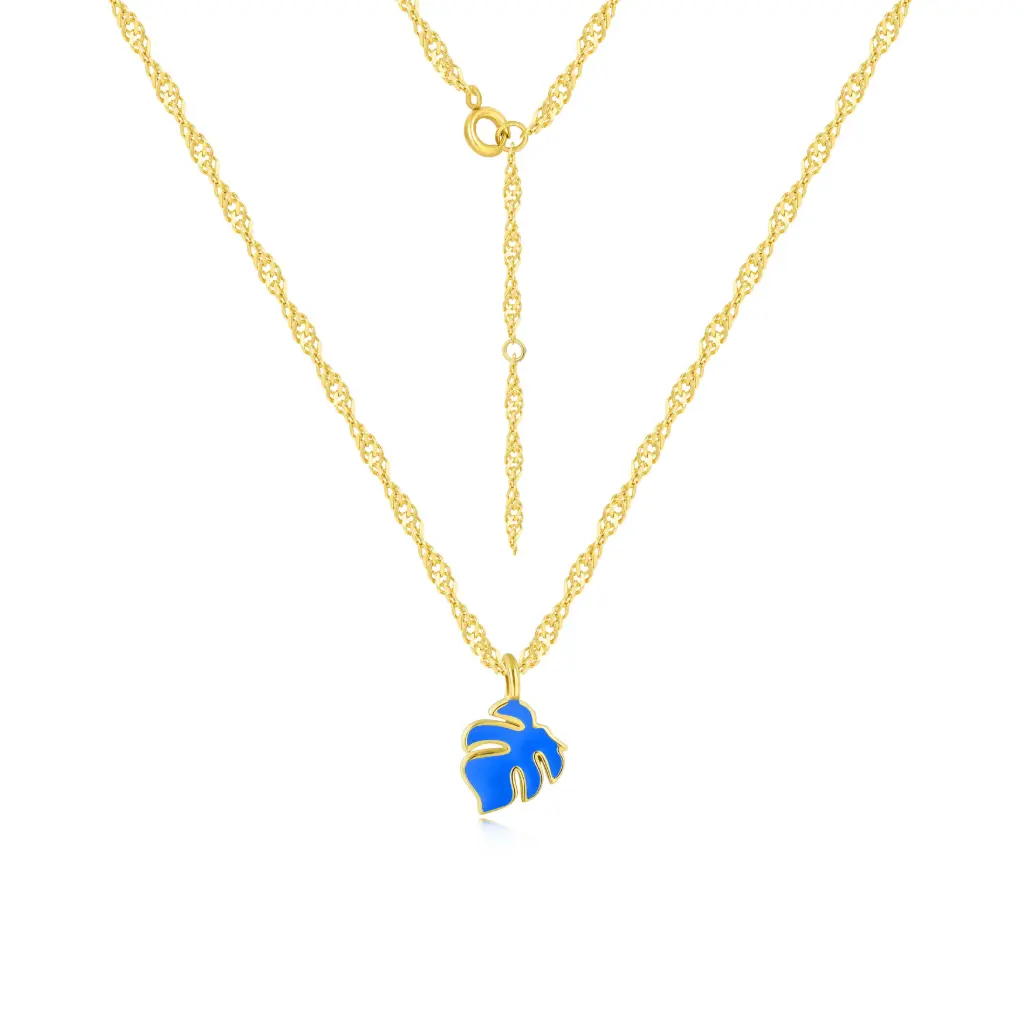 Tropical Elegance: Blue Enamel Monstera Leaf Necklace(DJ01N0277)