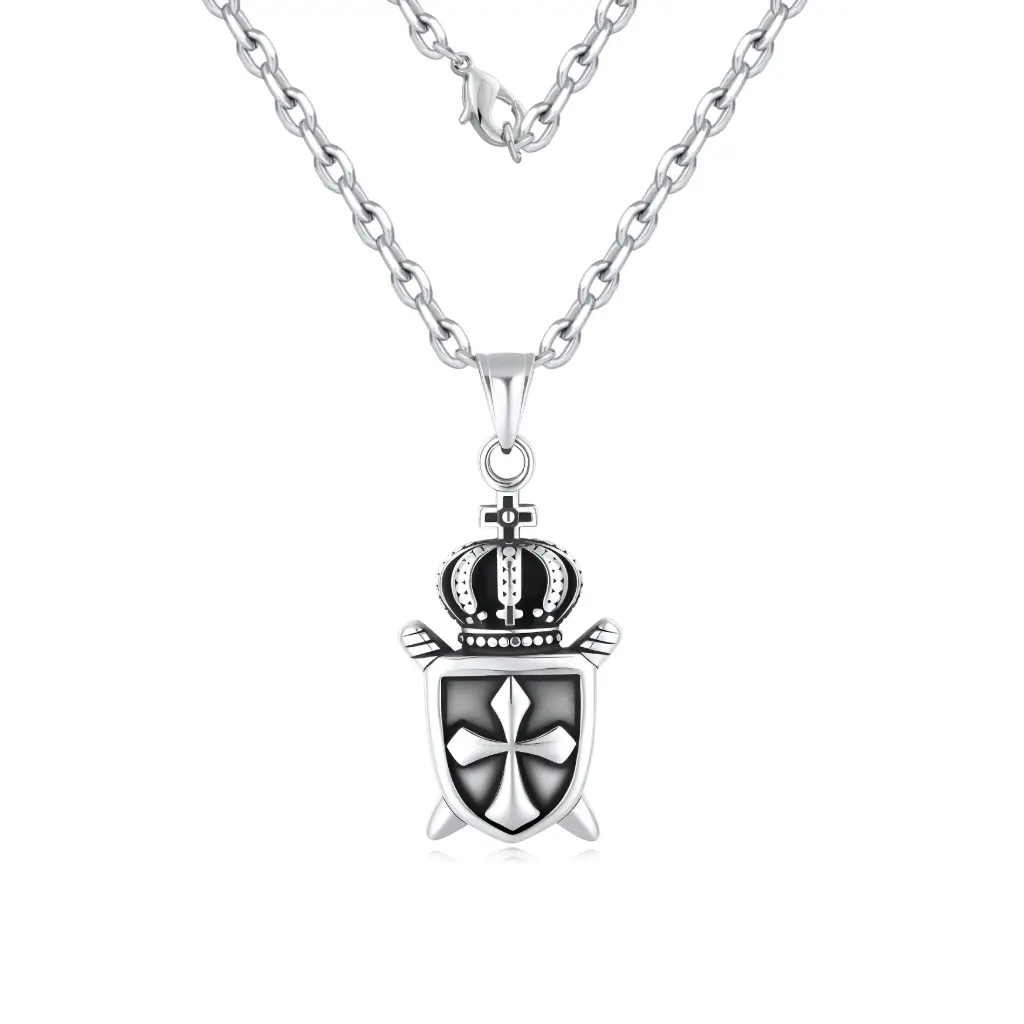 Royal Shield & Crown Cross Pendant Necklace – European-Style Statement Jewelry(DJ01N0280)