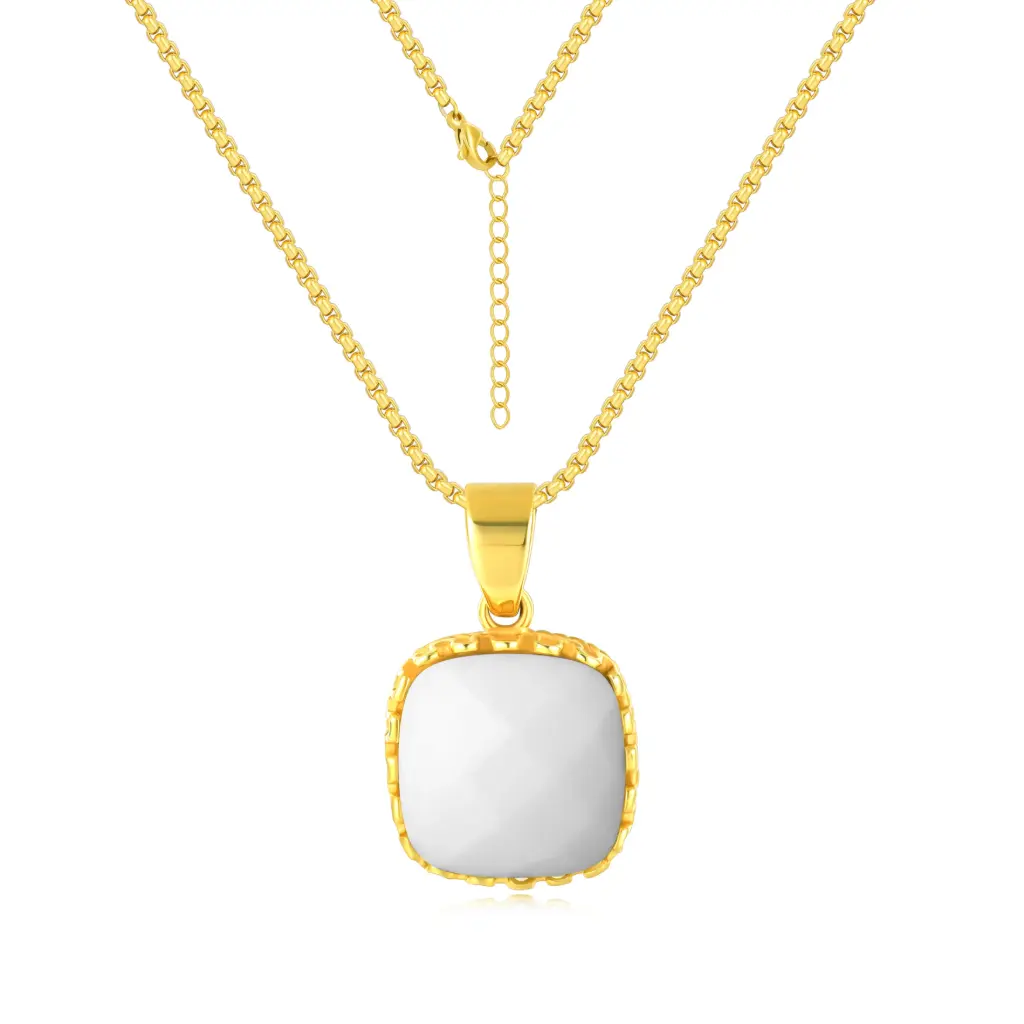 Elegant Square White Stone Pendant Necklace – Gold-Tone Statement Jewelry（DJ01N0287）