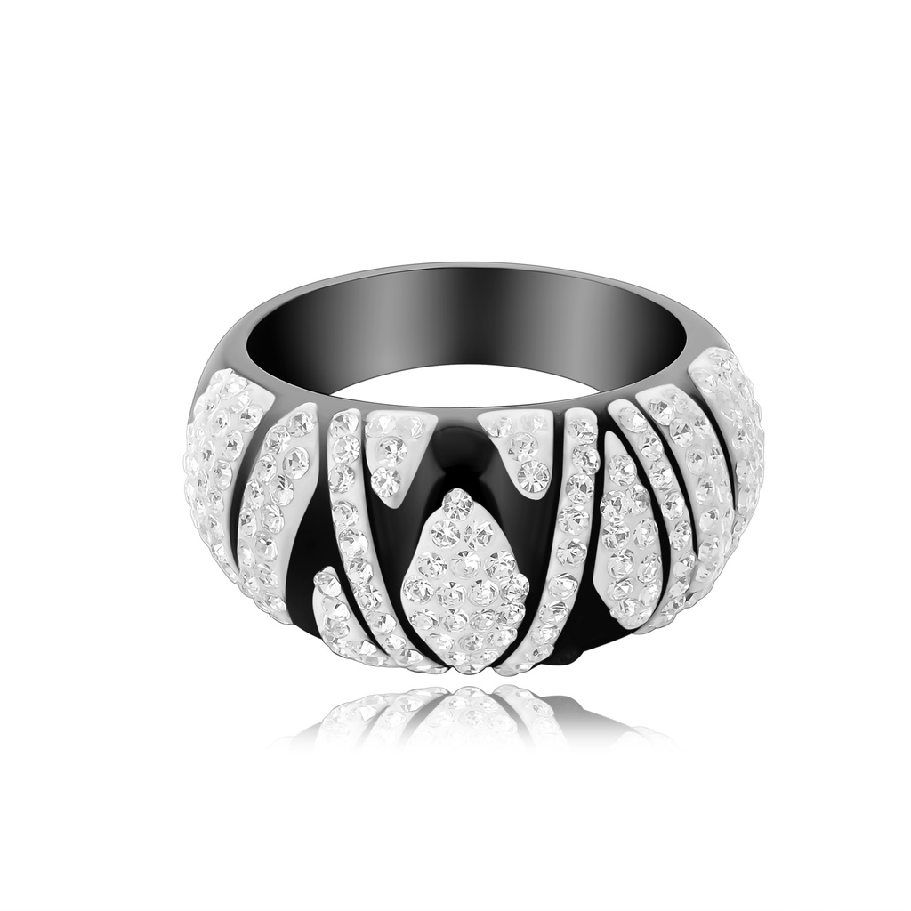 Chunky Black Ring – Zebra Pattern, White Crystals, Wild Glam Style