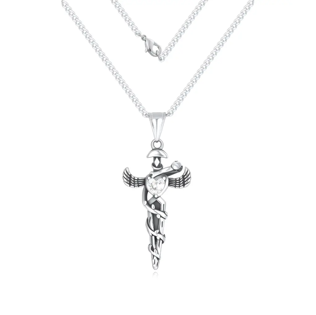 Gothic Heart, Sword & Wing Statement Pendant – Premium 925 Sterling Silver Necklace DJ01N0302