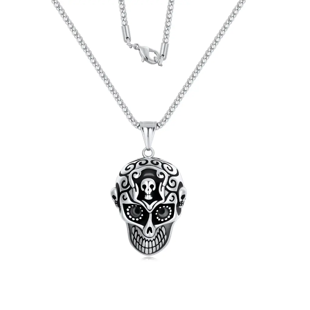 Ornate Sugar Skull Pendant Necklace – Premium 925 Sterling Silver Jewelry DJ01N0306