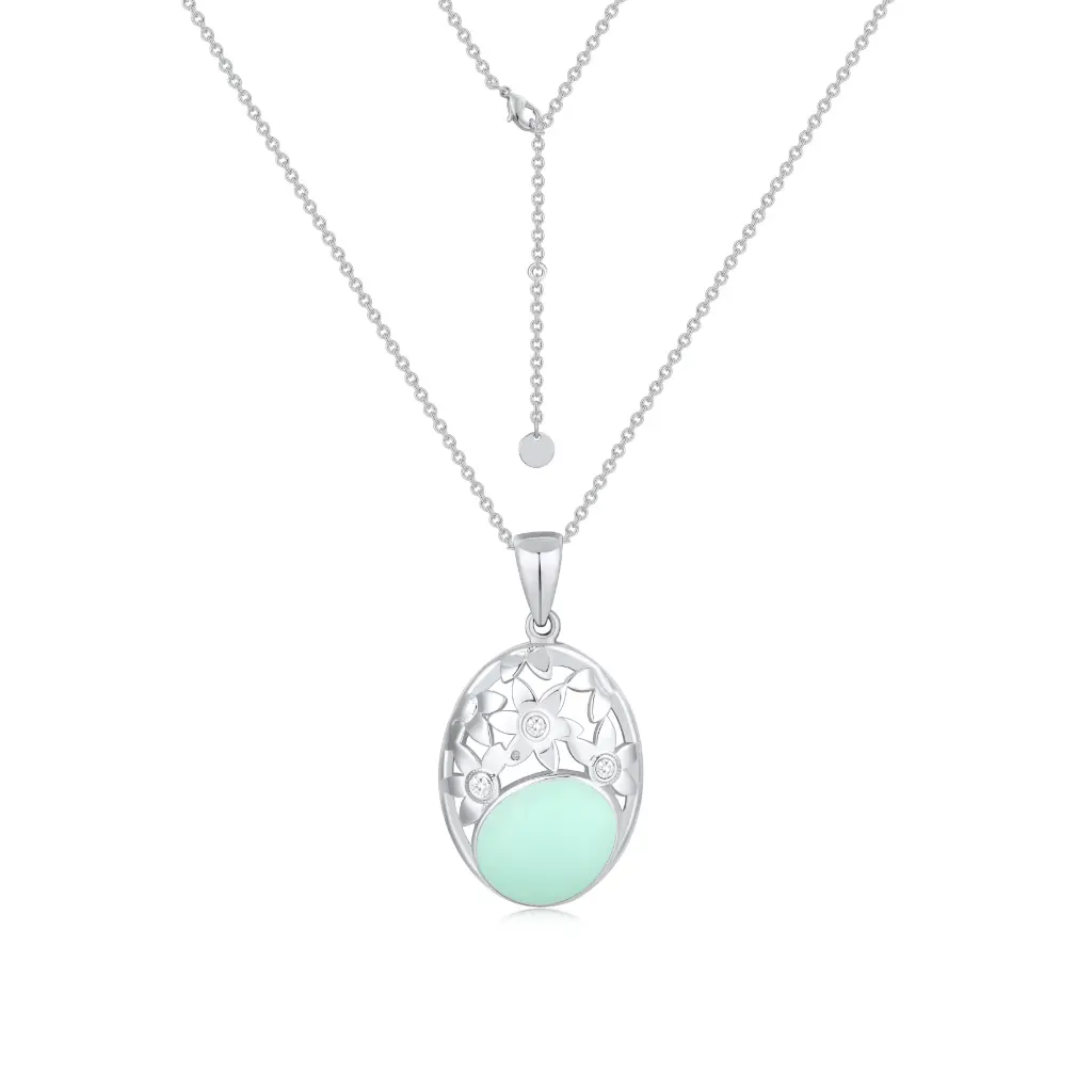 Floral Mint Stone Pendant Necklace – Premium Sterling Silver Statement Jewelry DJ01N0324