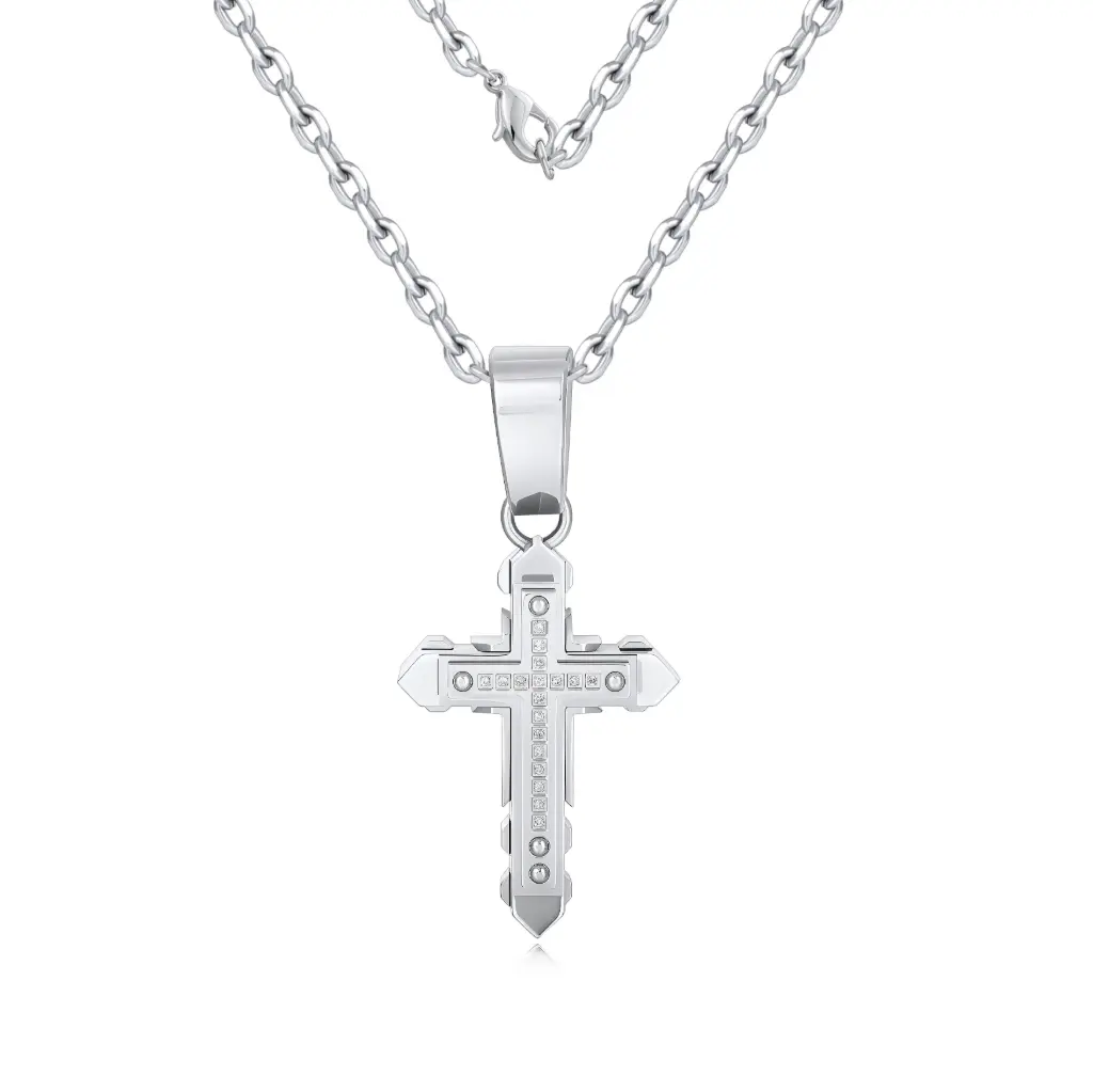 Sterling Silver Geometric Cross Pendant with Pave Cubic Zirconia Stones 