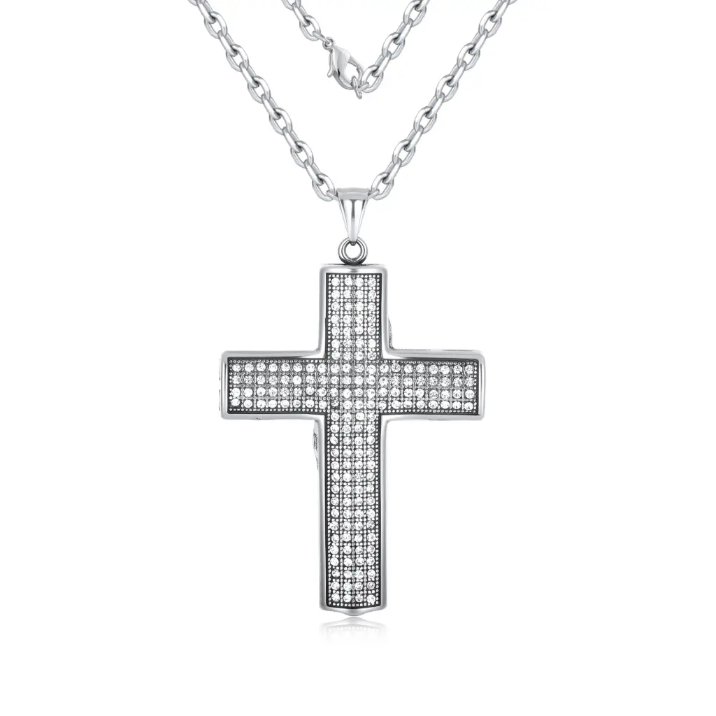 Iced Out Cross Pendant, Pave Diamond Cross Necklace, Men's Sterling Silver Cross Jewelry. DJ01N0370