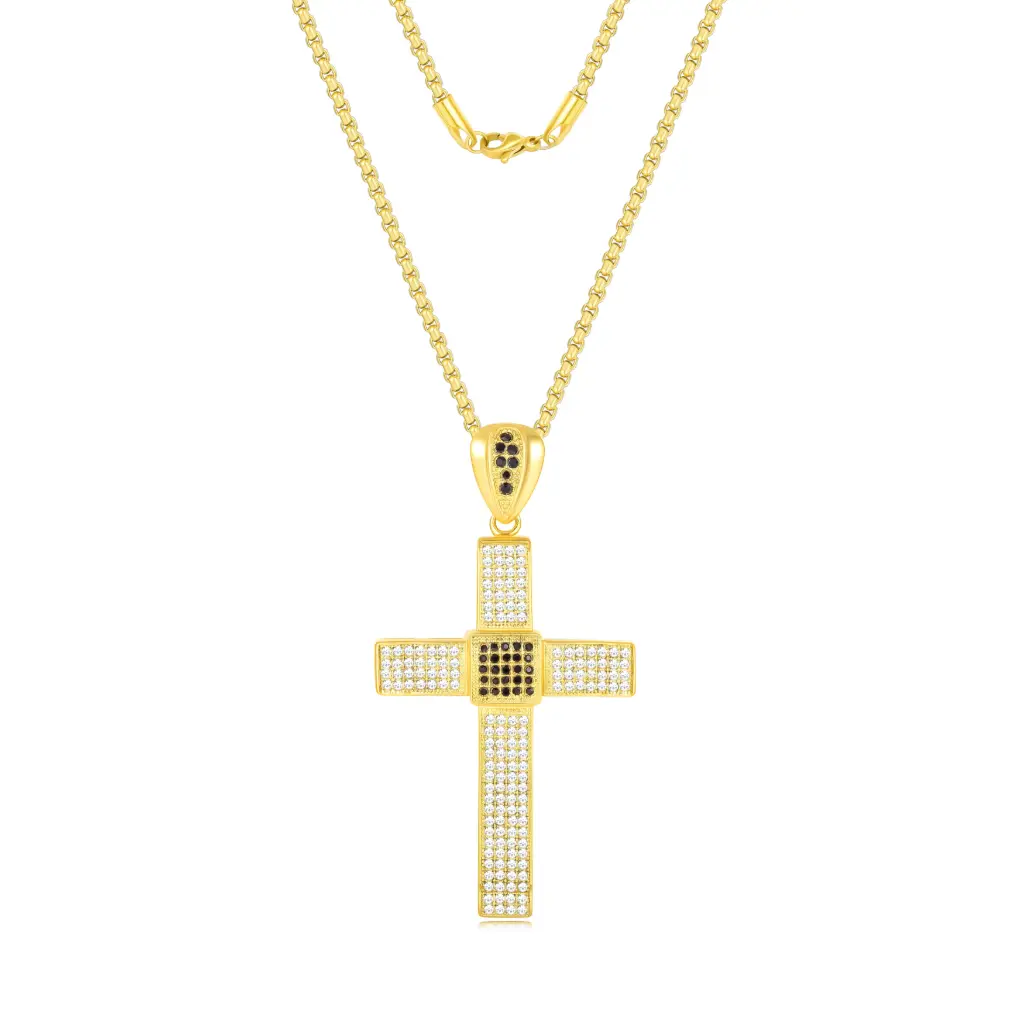 Durable PVD gold plated cross pendant, Hypoallergenic iced out necklace wholesale, Vietnam jewelry factory custom hip hop jewelry. DJ01N0373
