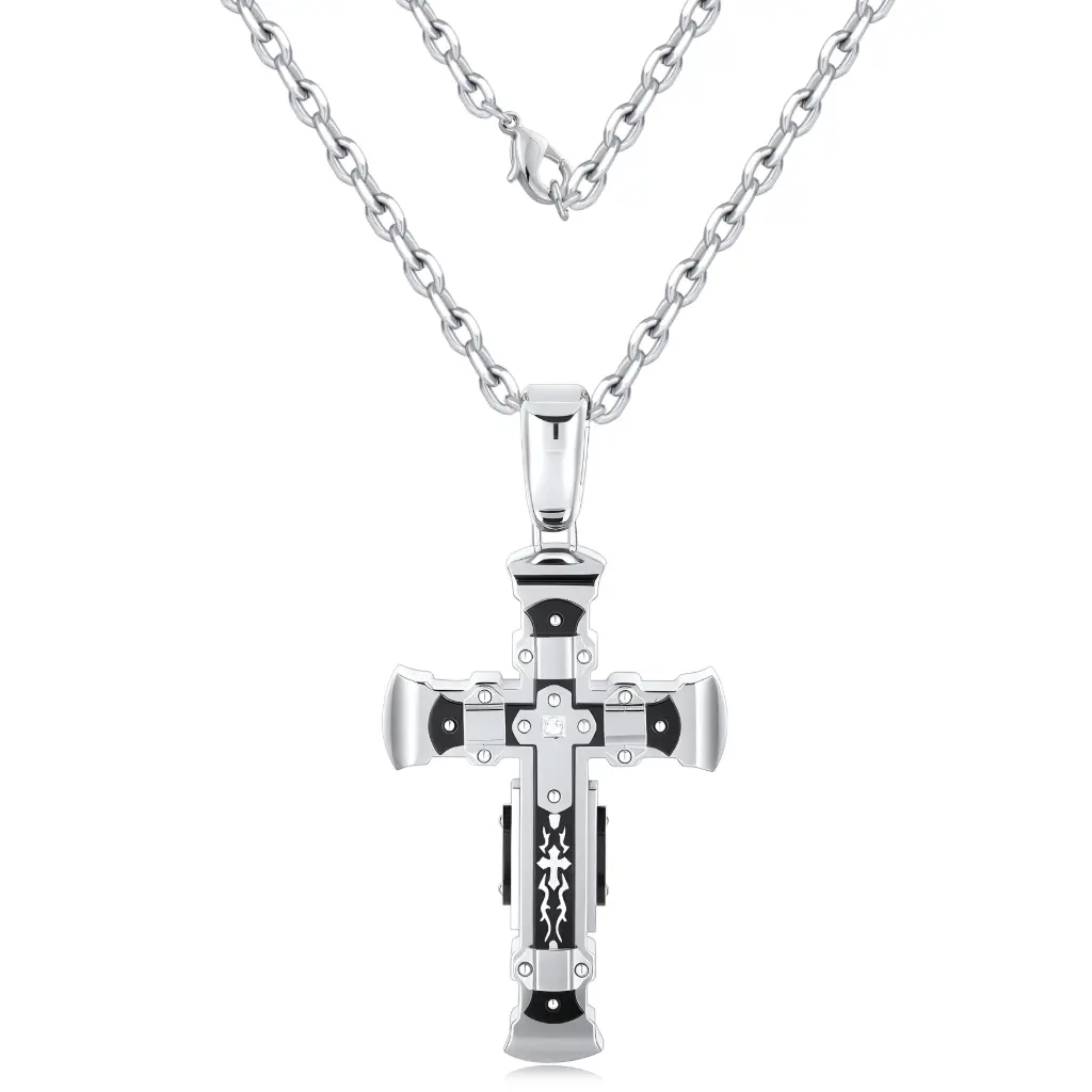 Men's Tribal Cross Necklace, Gothic Silver Cross Pendant, Stainless Steel Religious Jewelry. DJ01N0374 DJ01N0374