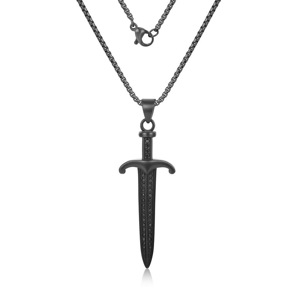 Black Stainless Steel Sword Pendant Necklace with Pavé Accents, Adjustable (Pendant)