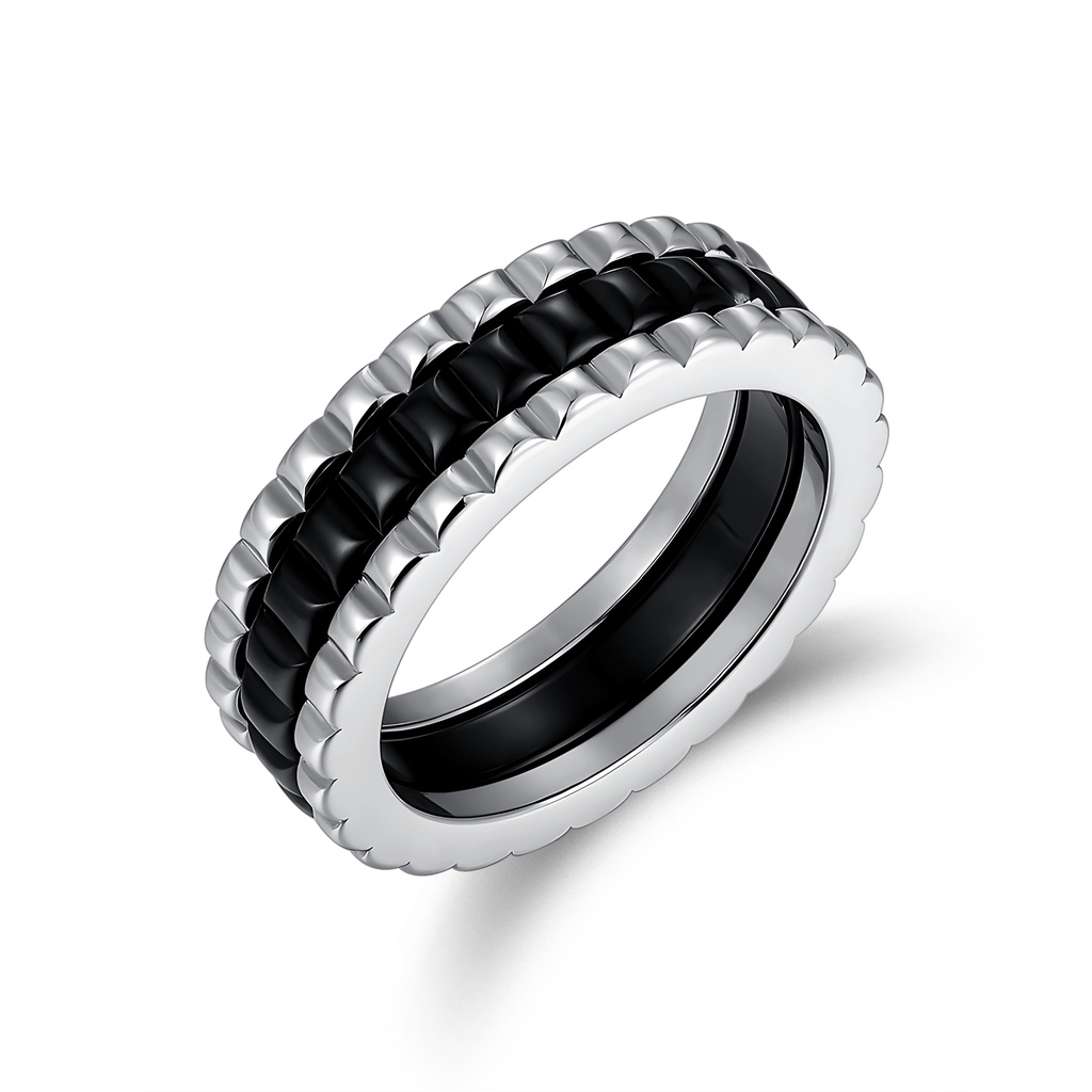 Black and Silver Spinner Ring with Industrial Gear-Inspired Design (Silver)