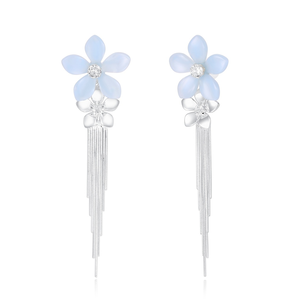 Blue and Silver Flower Drop Earrings with Tassel Fringe (Silver)