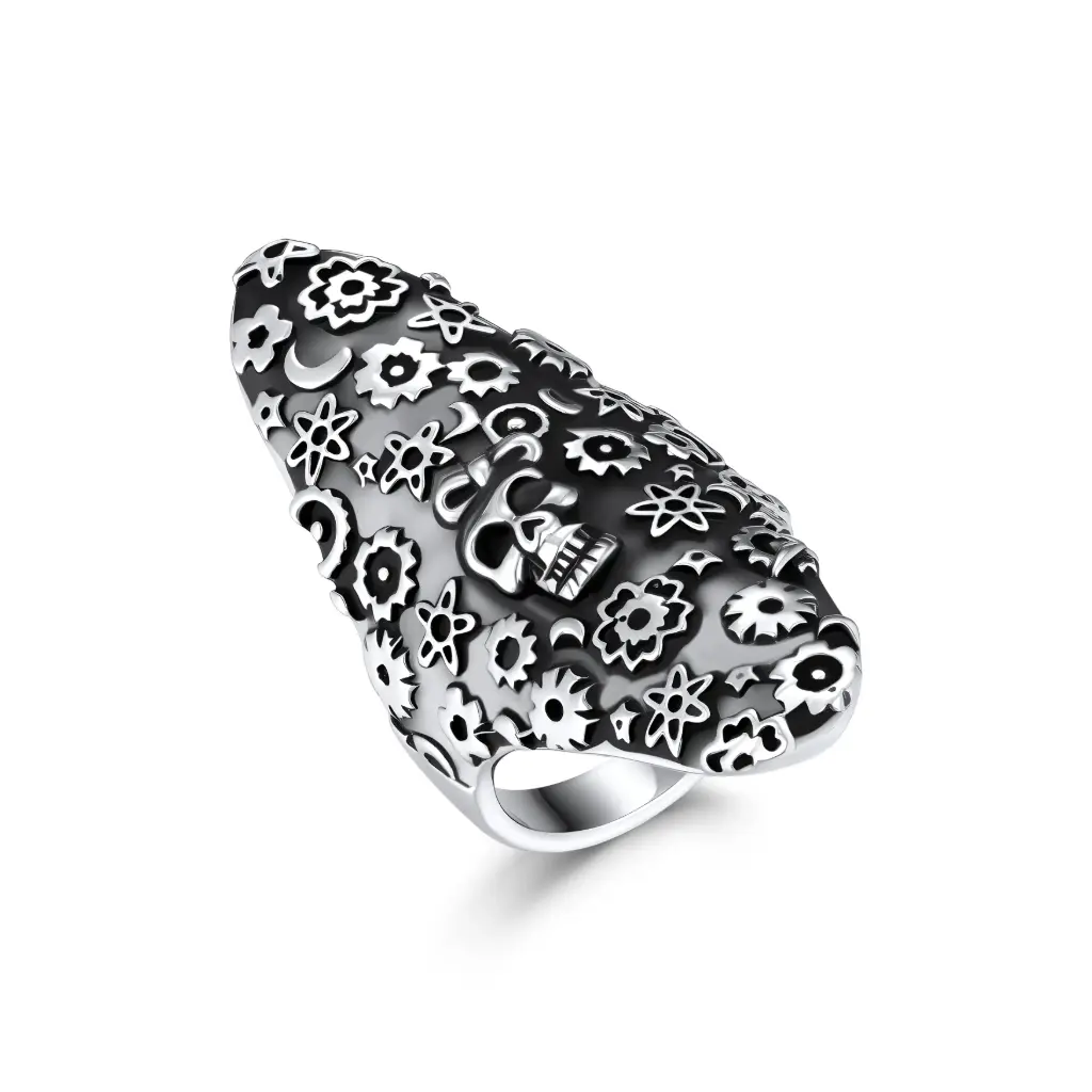 Artisan Skull & Floral Pattern Statement Ring – Bold Fashion Jewelry DJ01R0129
