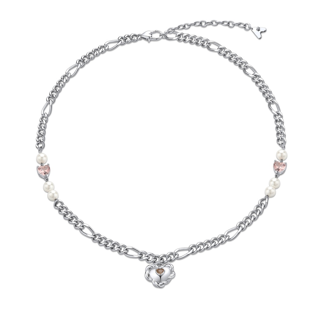 Chunky Heart and Pearl Chain Necklace with Pink Accents