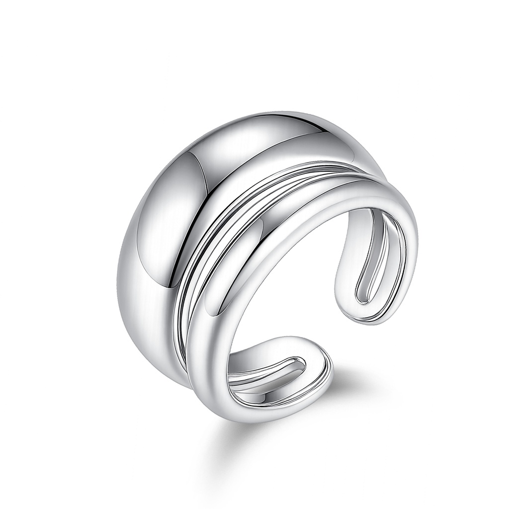 Chunky Polished Stainless Steel Open Ring with Modern Layered Design