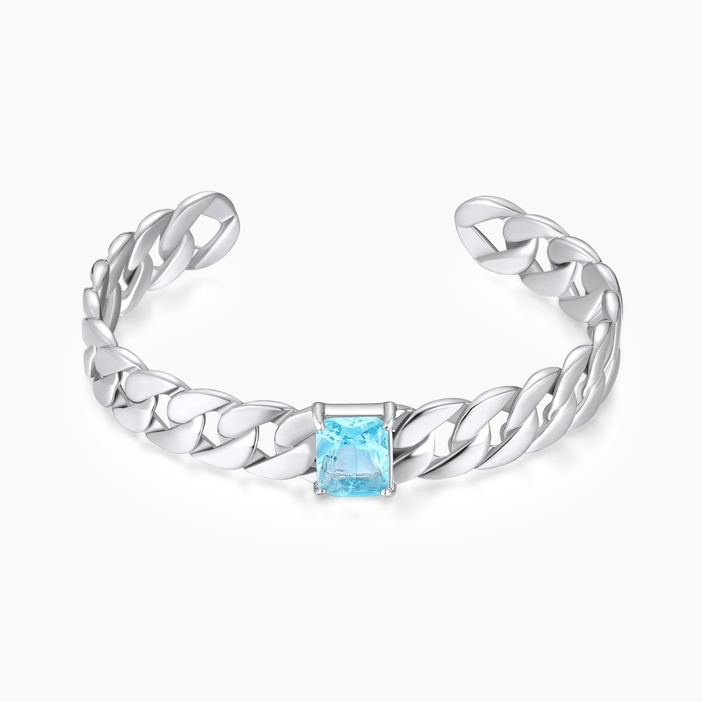 Chunky Stainless Steel Chain Bracelet with Blue Center Gemstone Accent