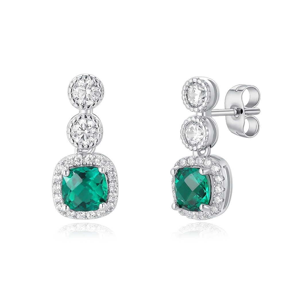 Classic Emerald Cushion-Cut Drop Earrings with Diamond Halo Accents