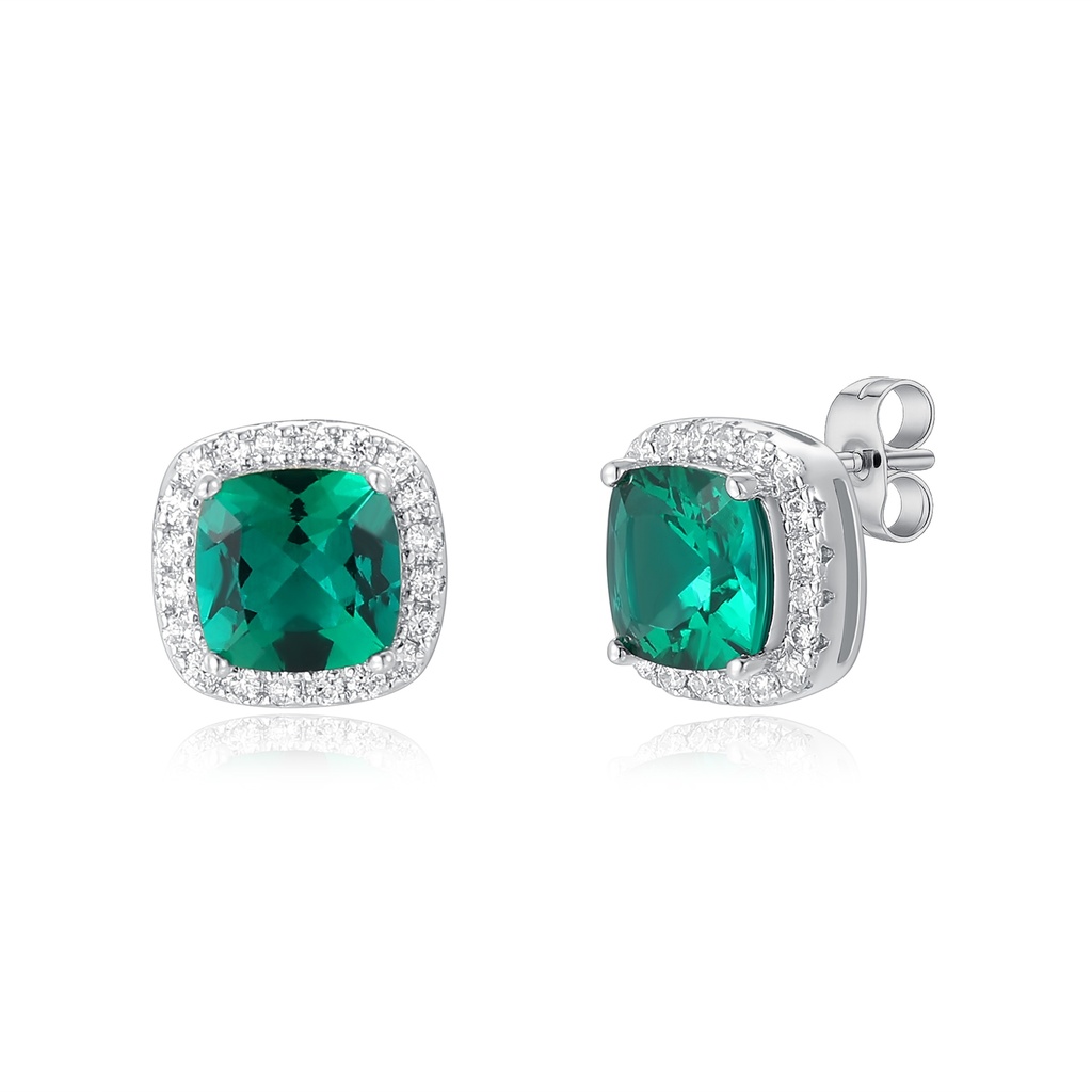 Classic Emerald Green Cushion Stud Earrings with Sparkling Halo