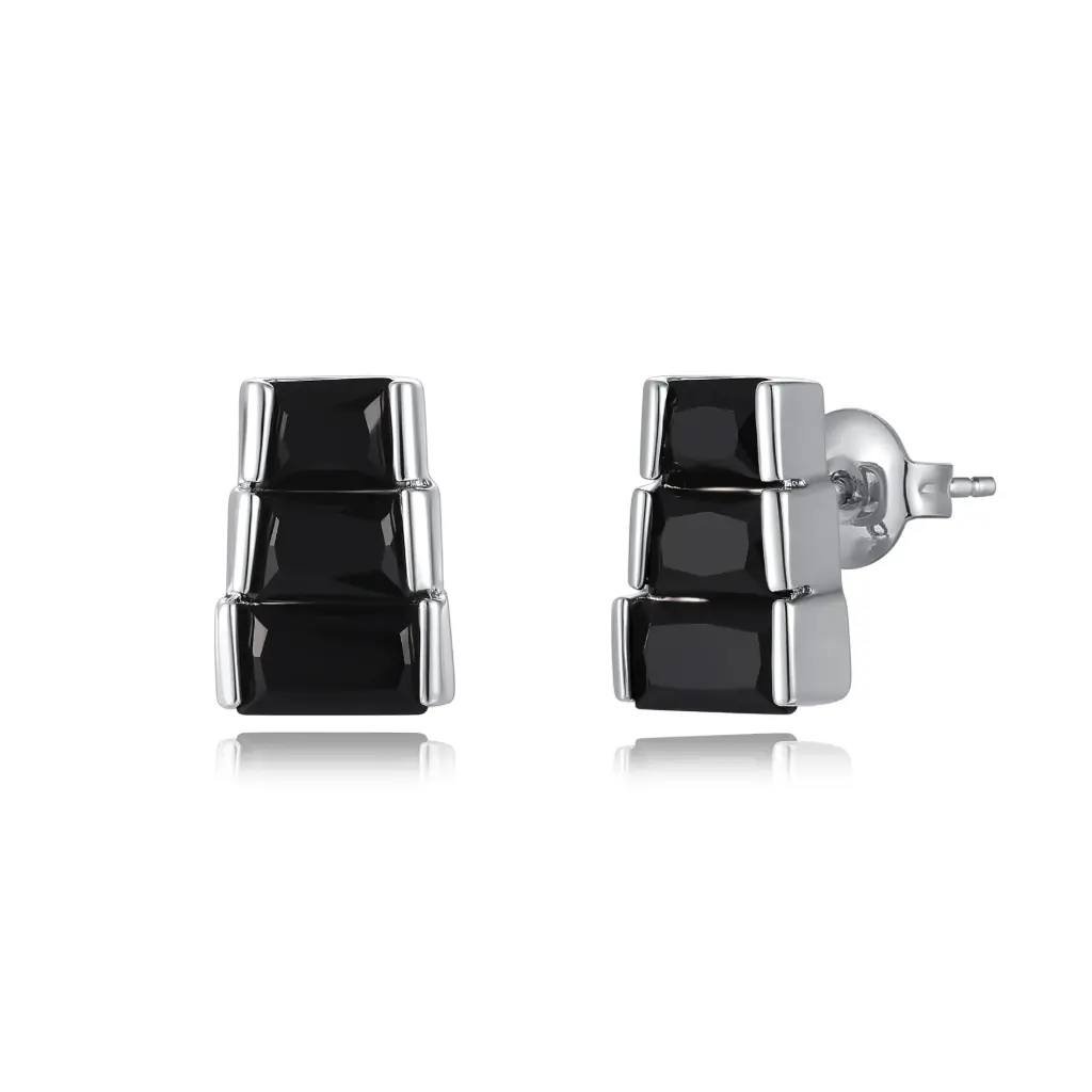 Black Stone Step-Cut Silver Stud Earrings | Jinyi Jewelry JY09E0146