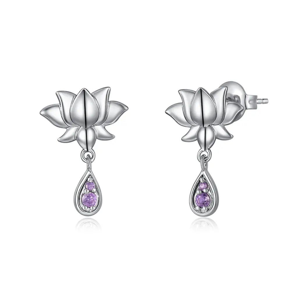 Lotus Flower Purple CZ Earrings | Wholesale 925 Silver & Brass Jewelry JY09E0186