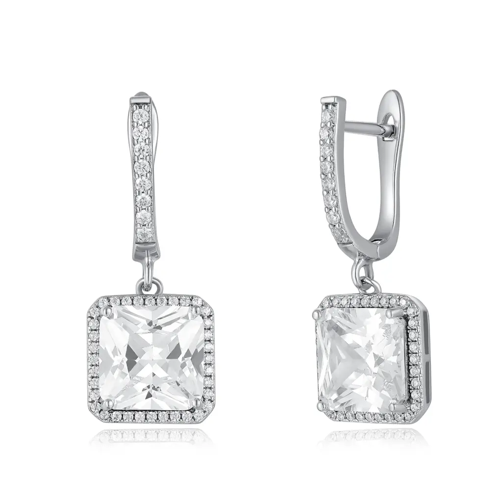 Cushion Cut CZ Square Halo Drop Earrings | Wholesale 925 Silver & Brass Jewelry JY09E0192