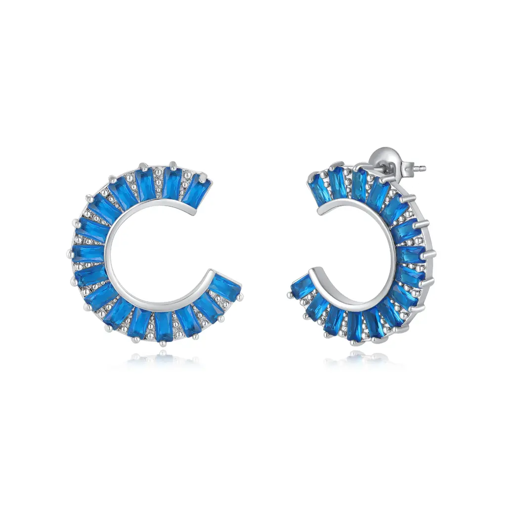 Blue Baguette CZ C-Hoop Earrings | Wholesale 925 Silver & Brass Jewelry JY09E0200