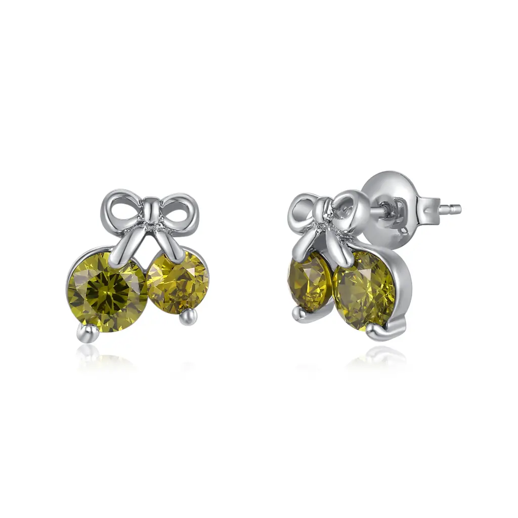 Cute Olive Green Gemstone Cherry Bow Stud Earrings | Wholesale Fine Jewelry JY09E0242