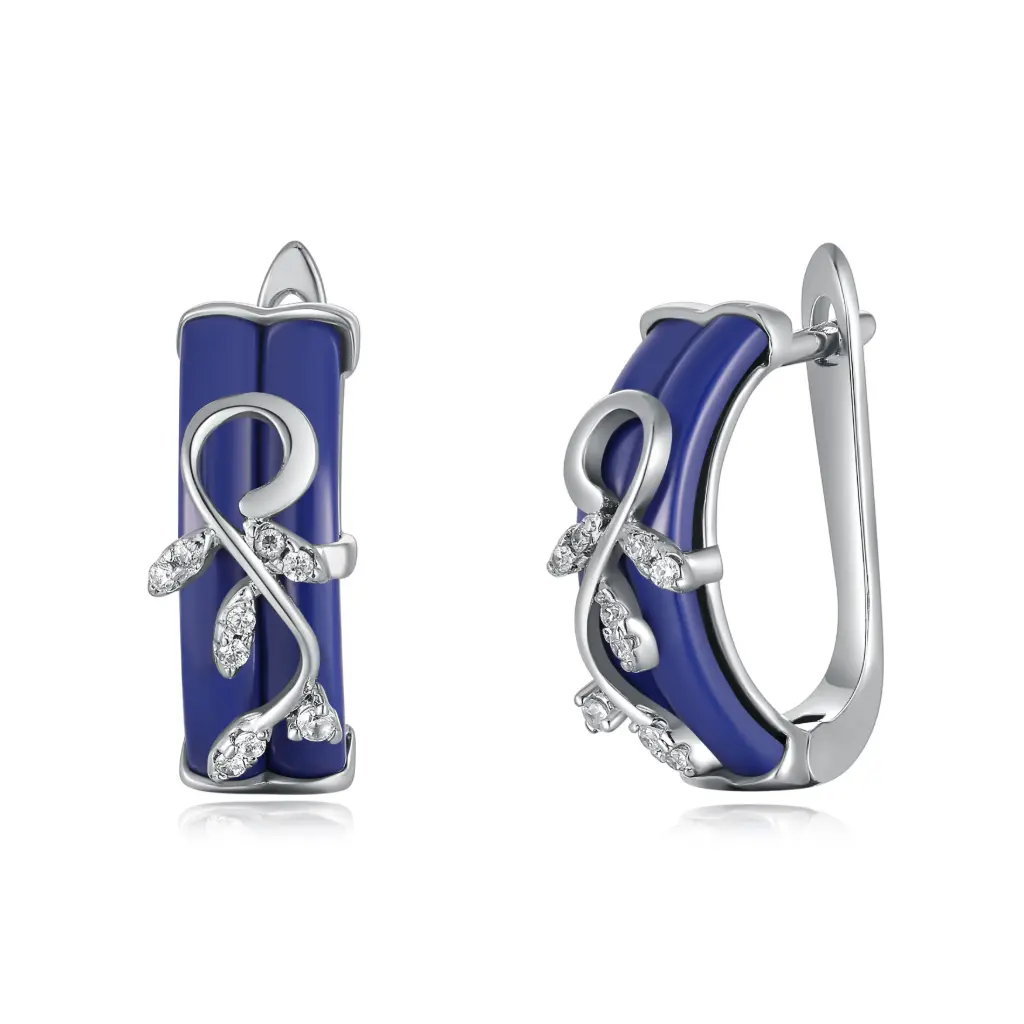 Blue Enamel Vine Leaf Leverback Huggie Earrings | Custom 925 Sterling Silver & Stainless Steel Jewelry Manufacturer JY09E0284