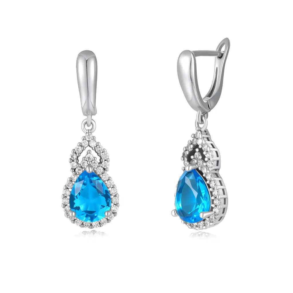 Pear-Cut Blue Gemstone Halo Drop Earrings | Custom 925 Silver & Stainless Steel Jewelry Manufacturer JY09E0288