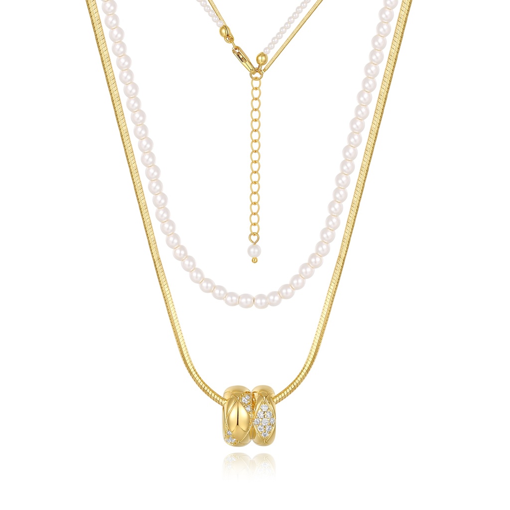 Classic Pearl and Gold Double Necklace with Sparkling Ring Pendant