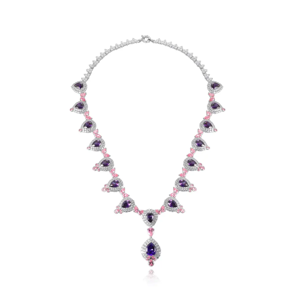 Purple & Pink Pear CZ Cluster Necklace Wholesale | Vietnam & China Jewelry Factory JY09N0104