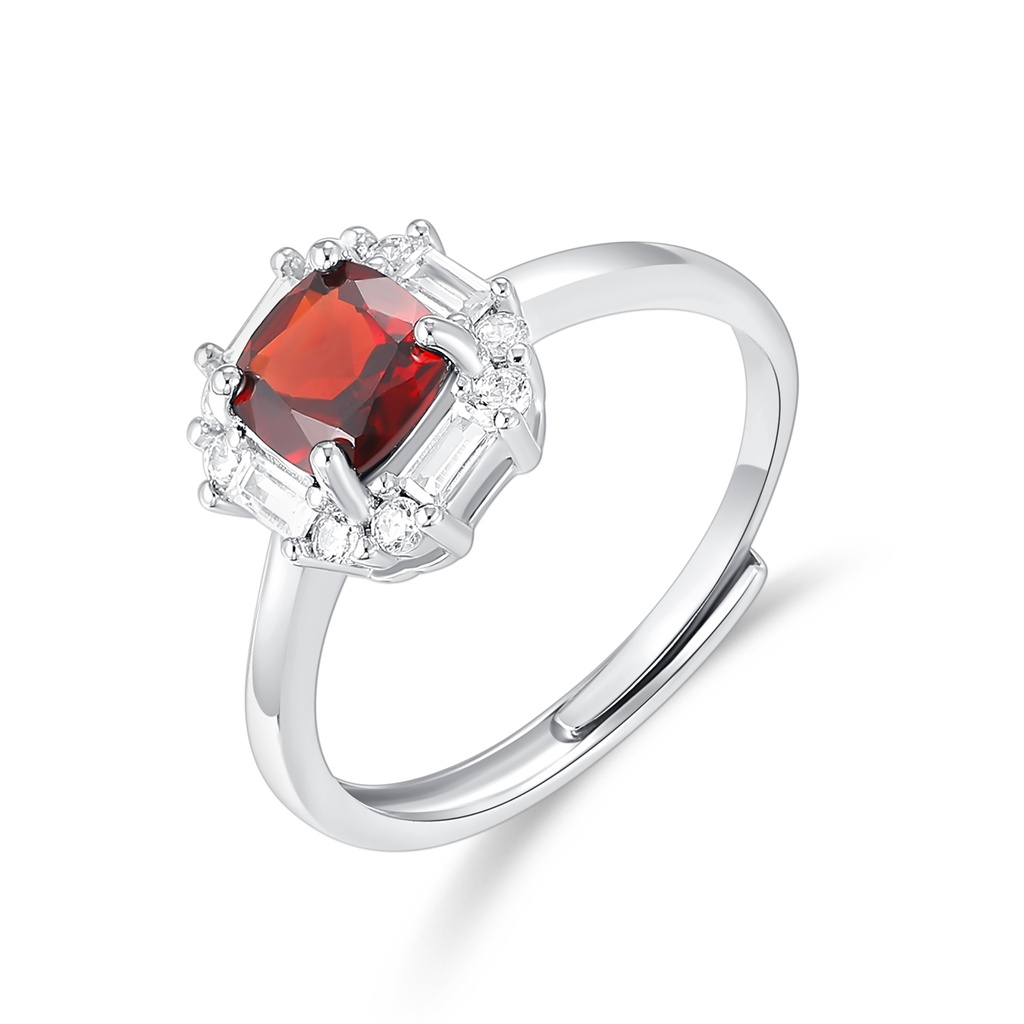 Classic Red Cushion-Cut Ring with Baguette Crystal Halo