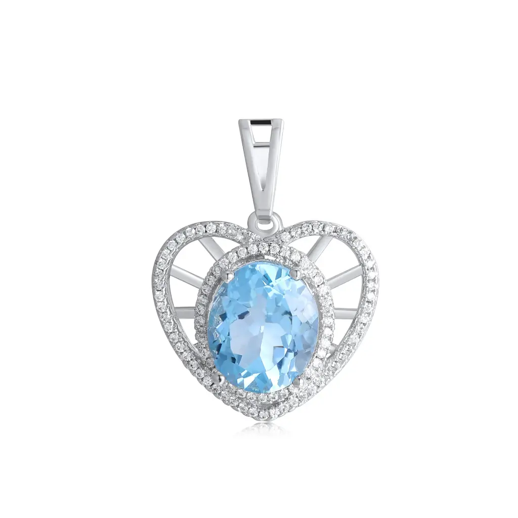 Oval Blue Topaz Heart Halo Pendant Wholesale JY09P0208