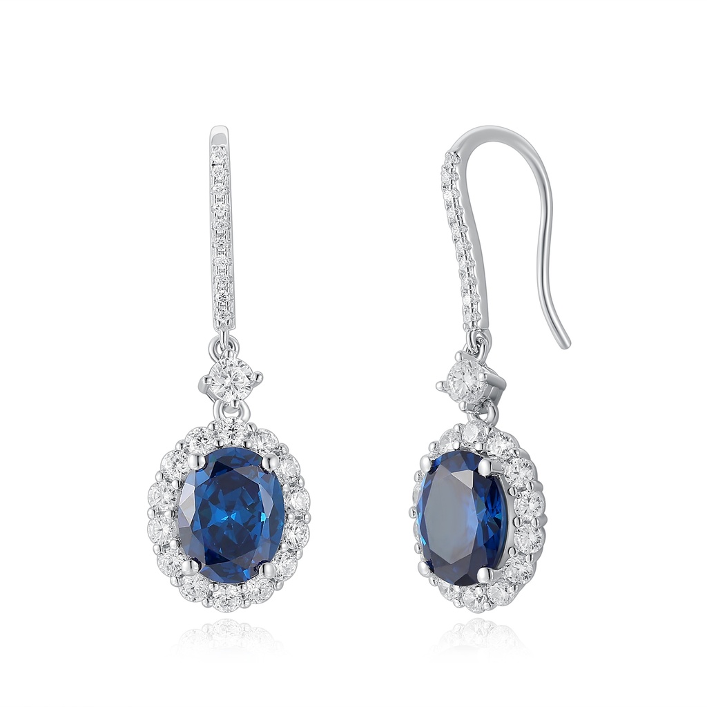 Classic Sapphire Drop Earrings with Diamond Halo in Sterling Silver