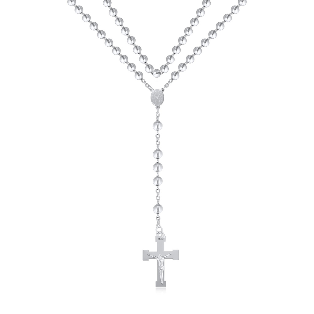 Classic Stainless Steel Rosary Necklace with Crucifix and Beads