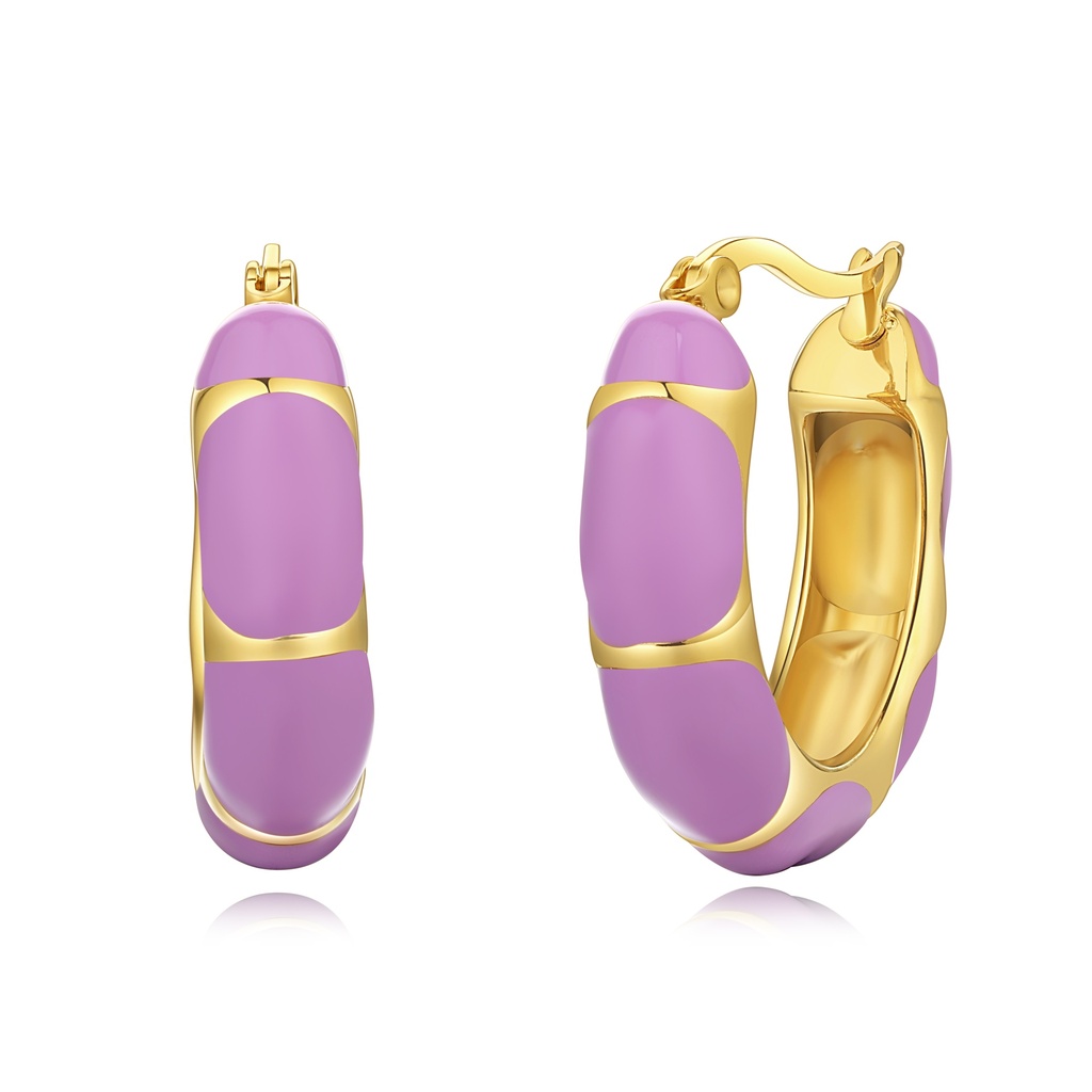 Colorblock Hoop Earrings, Purple Enamel, Gold Stainless Steel, No Stones