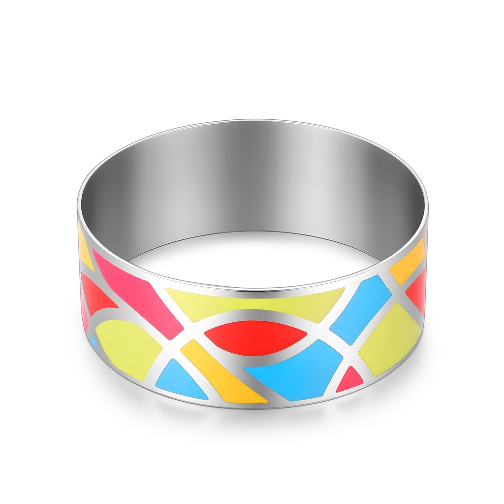 Colorful Abstract Enamel Stainless Steel Bangle with Geometric Pattern