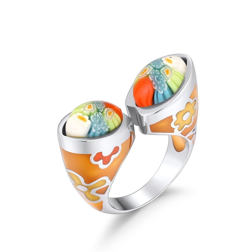 Colorful Enamel Stainless Steel Ring with Dual Floral Glass Accents