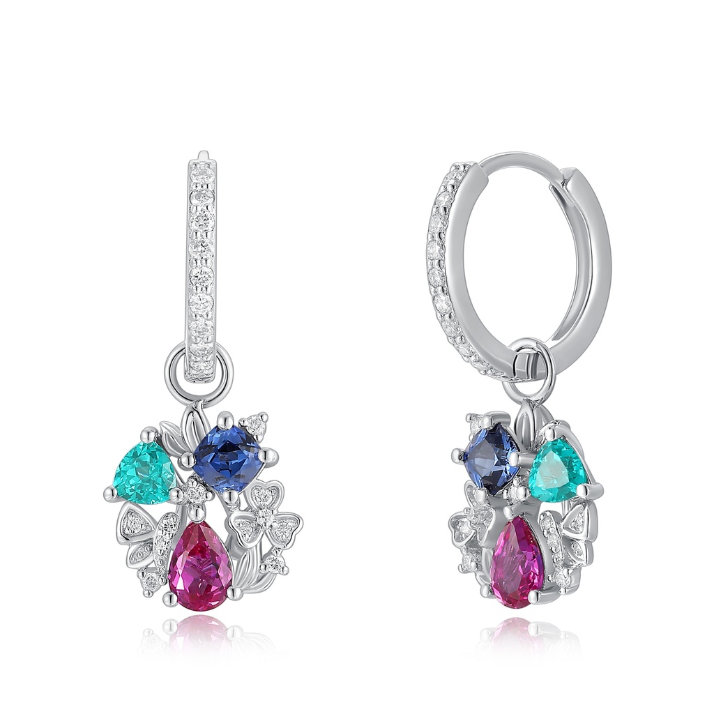 Colorful Gemstone Floral Hoop Earrings with Diamond Accent Details