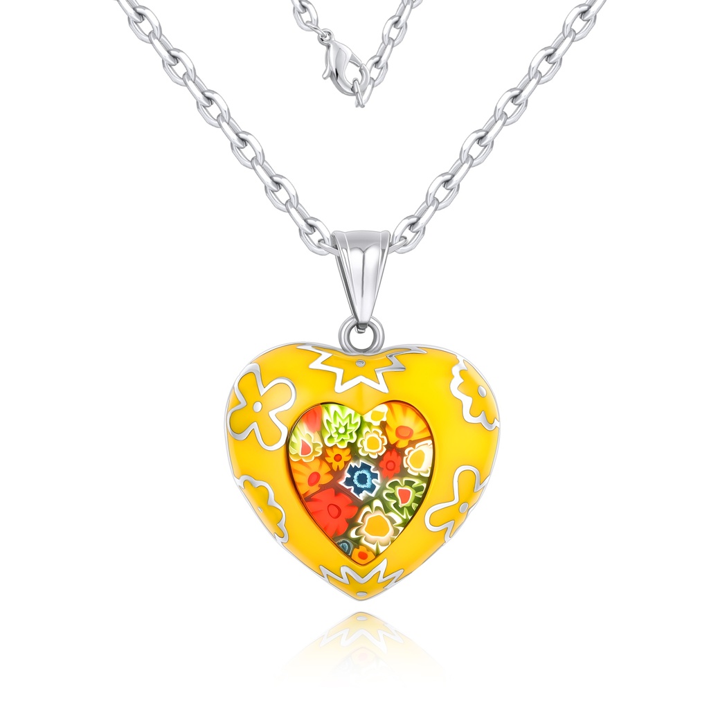 Colorful Heart Pendant Necklace with Floral Enamel Stainless Steel
