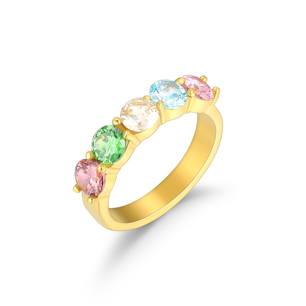 Colorful Oval CZ Stone Ring in Polished Gold Stainless Steel