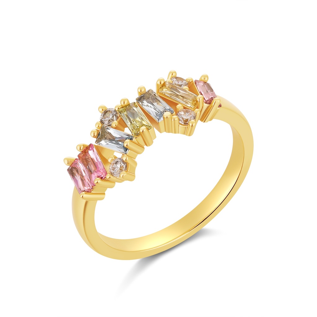 Colorful baguette stones set on golden band, elegant shine