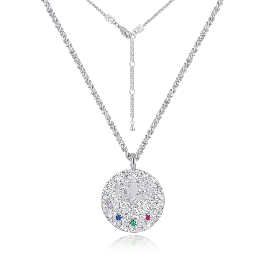 Cosmic Silver Medallion Necklace with Evil Eye and Gem Accents