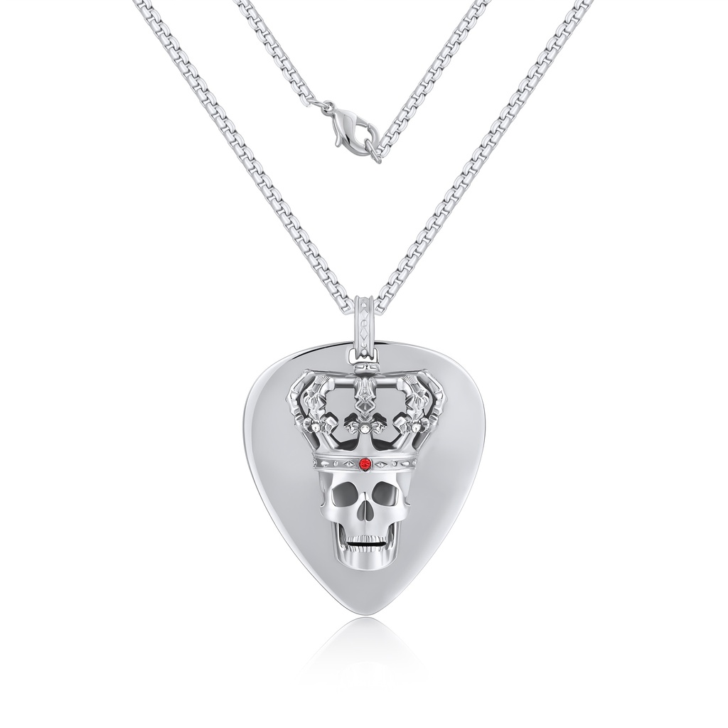 Crowned Skull Pendant Necklace with Polished Silver Guitar Pick