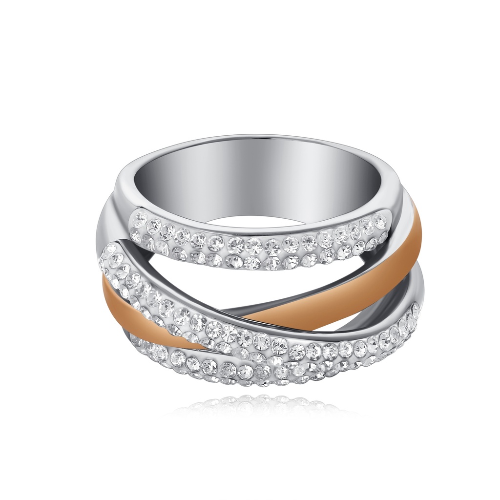 Crystal Crossover Ring – Silver & Rose Gold, Modern Glamour Statement