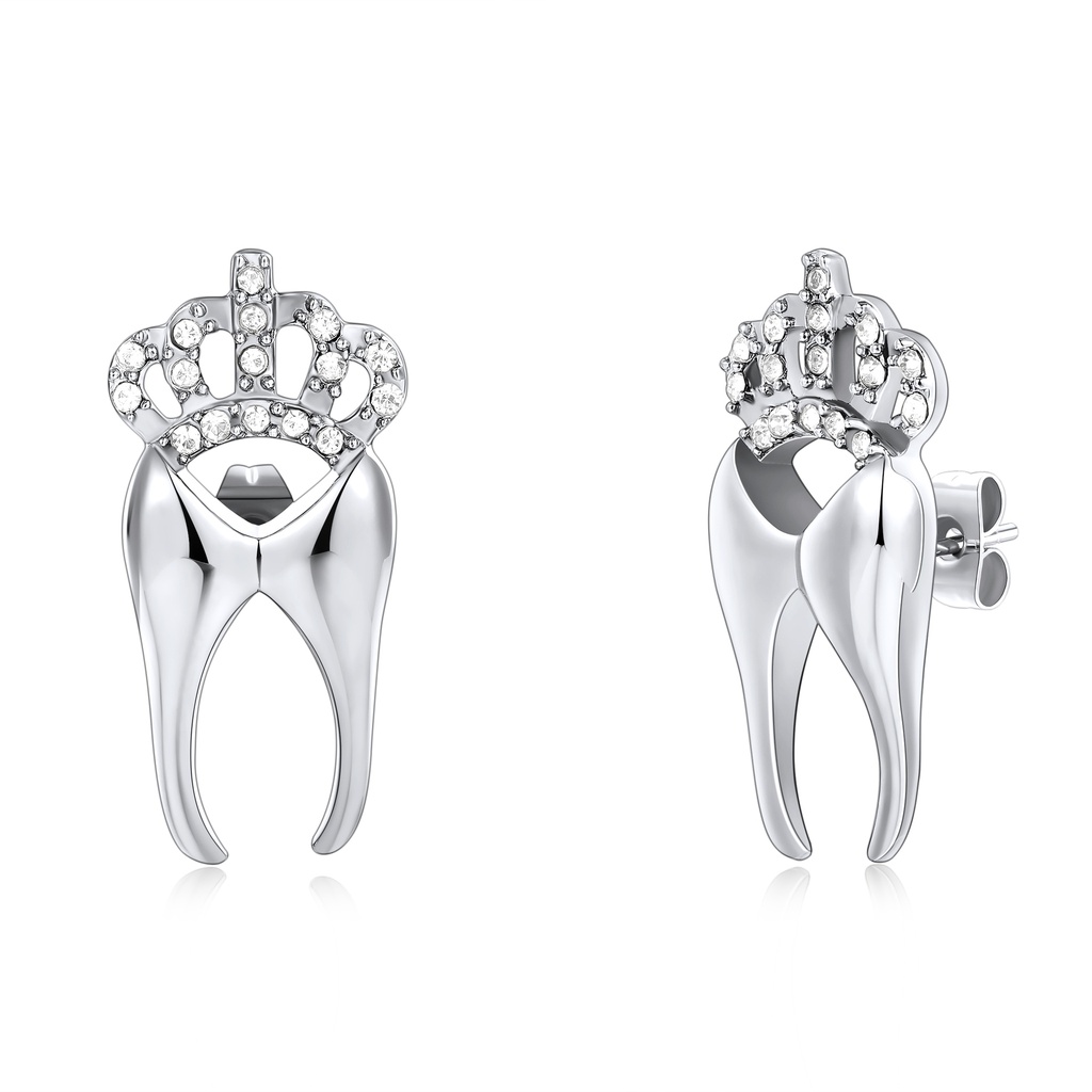 Crystal Crown Tooth Earrings in Silver for Playful Royalty Charm