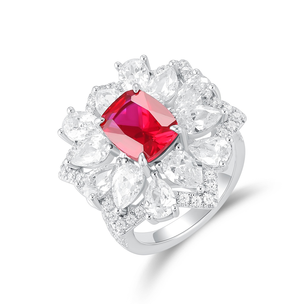Cushion-Cut Ruby Statement Ring with Diamond Floral Halo