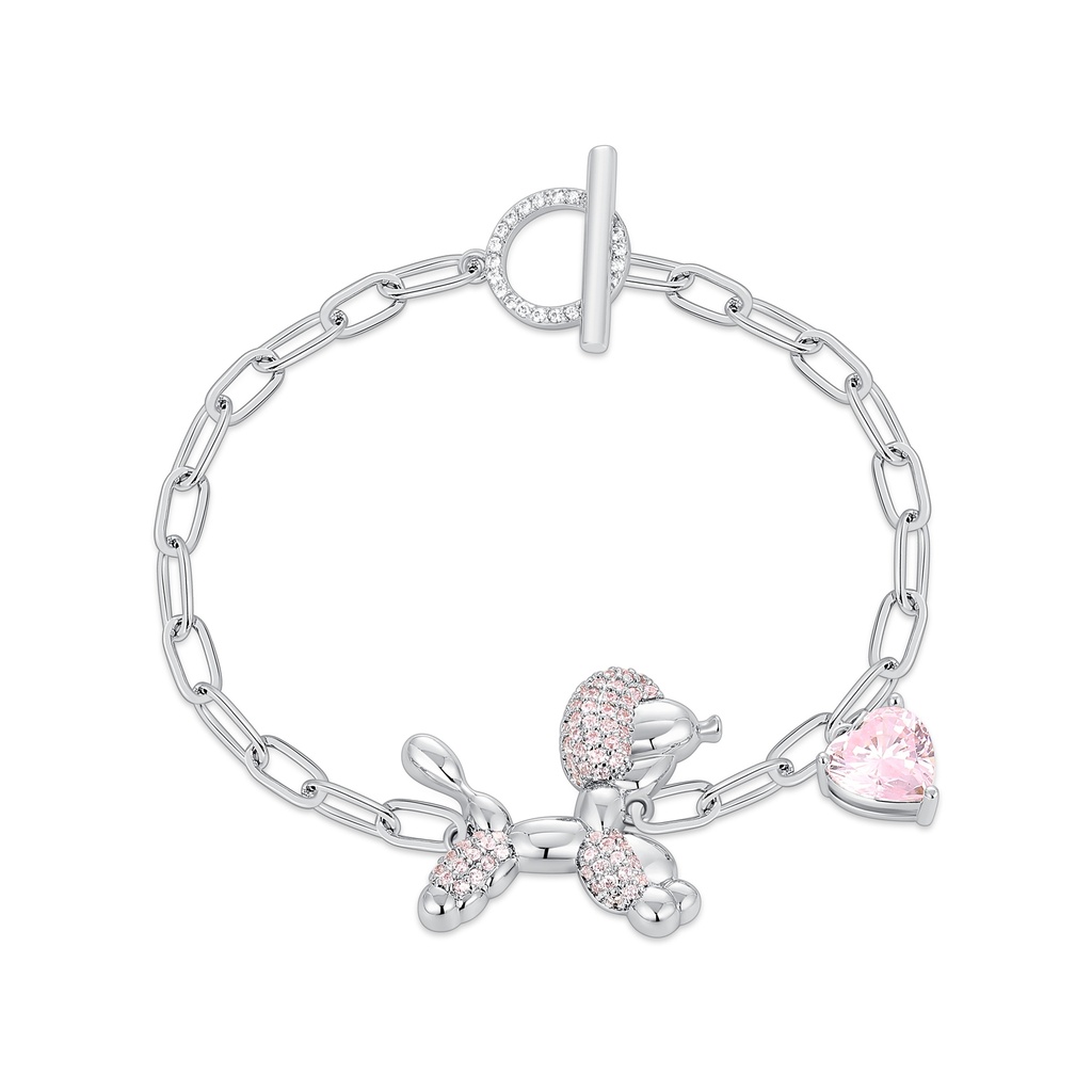 Cute Silver Balloon Dog Bracelet with Pink Heart Charm