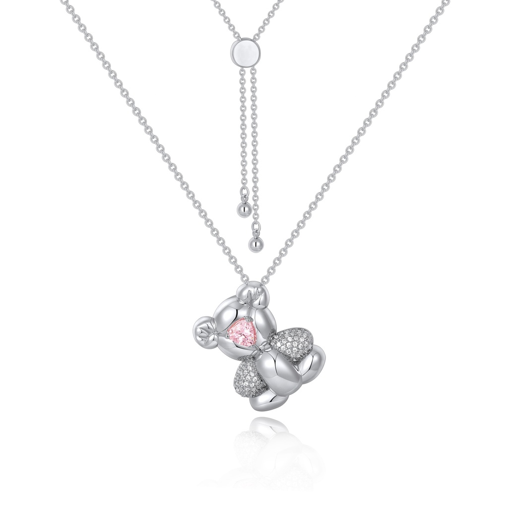 Cute teddy bear balloon necklace with pink crystal heart charm.